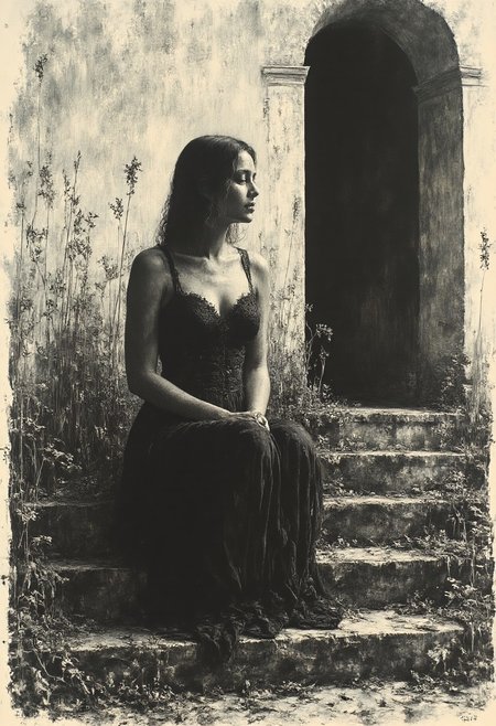 hand drawn black and white monochromatic illustration of a young woman sitting on the steps of her garden, dying plants around her, she is sad and looks away from the viewer, she wears black lace lingerie with corset and thigh high lace stockings