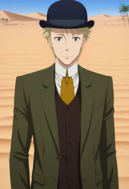 masterpiece, best quality, intricate details, anime screencap, , official style, looking at viewer, 1boy, solo, male focus, <lora:john_h_watson_ilxl:0.96>, john_h_watson, blonde hair, brown eyes, short hair, hat, formal, necktie, suit, desert oasis, palm trees, clear pool, sand dunes, drinking water, relieved expression, midday,
