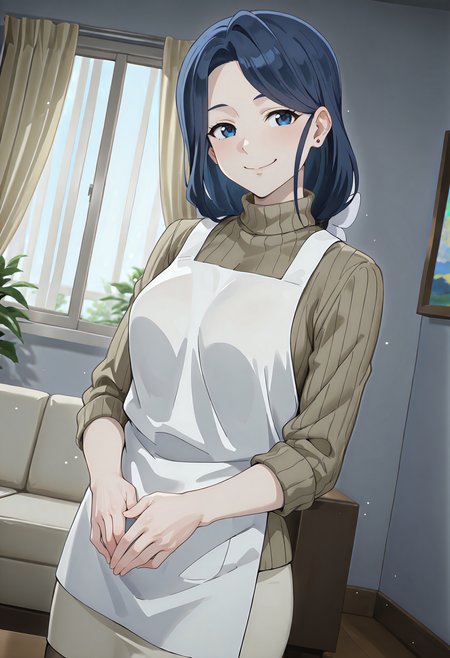 best quality, amazing quality, perfect quality, high quality, masterpiece, absolutely eye-catching BREAK
 <lora:Shangri-La_Frontier_-_Eika_Hizutome:1> ShangriEika, blue eyes, blue hair, long hair, low ponytail, loosely tucked bangs, hair ribbon, stud earrings, medium breasts BREAK
green turtleneck sweater, white apron, white pencil skirt, pantyhose BREAK
indoors, living room, window, curtains, sunbeam, light particles, hands together, standing, looking at viewer, smile, head tilt, dutch angle, cowboy shot