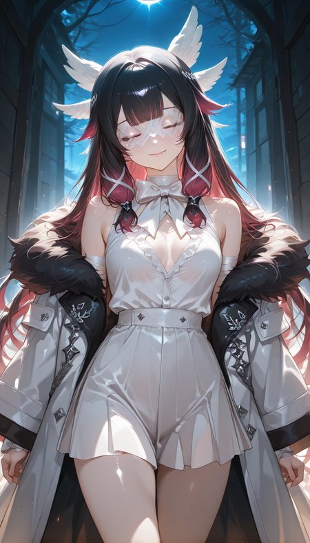 <lora:LCMTurboMix_Euler_A_fix:1> <lora:example_SDXL:0.3>, EZRealPONYXL, <lora:Dramatic Lighting Slider:3>
DSLR,realistic,cosplay photo, (very awa,masterpiece,best quality,year 2024,newest,absurdres,highres:1), realistic,skin texture,facial features, photography shot with Canon EOS 5D Mark IV , realistic, RAW, best quality, masterpiece, amazing quality, skin details,
1girl, highly detailed beautiful face, large natural breasts,
detailed background, shiny skin, dutch angle, night, moonlight,
beautiful detailed eyes, intricate details, absurdres, anime screencap,
 <lora:Columbina_Genshin_ILXL_kill0825:1>
GSColumbina, long hair, breasts, black hair, hair ornament, medium breasts, closed eyes, pink hair, purple hair, multicolored hair, sidelocks, red hair, small breasts, wings,  blunt bangs, two-tone hair, streaked hair, gradient hair, x hair ornament, head wings, tress ribbon, wing hair ornament, eye mask, white mask, hair ribbon, white ribbon, hair flaps, very long hair, 
long sleeves, bow, ribbon, bare shoulders, jacket, sleeveless, bowtie, off shoulder, coat, fur trim, white bow, white coat, fur-trimmed coat, white bowtie, shirt, sleeveless shirt, armpit crease, wrist bow, coat on shoulders, aiguillette, pleated skirt, bare legs, bandages, white shirt, white skirt, open coat, long coat, two-tone coat, wide sleeves, black fur trim, overfit coat,
cowboy shot, looking at viewer, smile, blush, dynamic pose,
