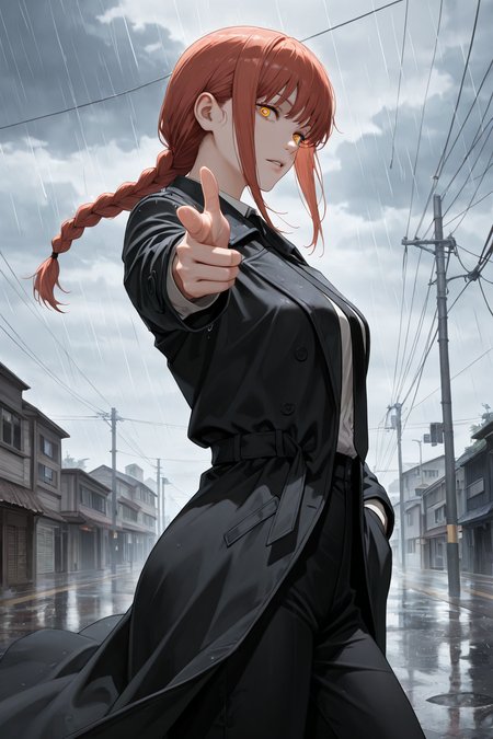 embedding:lazypos, depth of field, volumetric lighting,

1girl, Makima /(Chainsaw Man/), parted lips, black trenchcoat, hand in pocket, contrapposto, (finger gun, pointing at viewer:1.2), desolate street, heavy rain, strong wind, overcast, from side, contrast