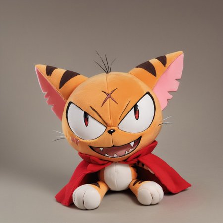 matatabi_ckc, solo, furry male, furry, looking at viewer, orange fur, eyepatch, male, cat, scar, red cape, , smile, open mouth, fangs, 1 eye, eye, looking at viewer, (((score_9, score_8, score_7, high quality, high detail, detailed face, good anatomy, plushify, character stuffed toy, chibi)))