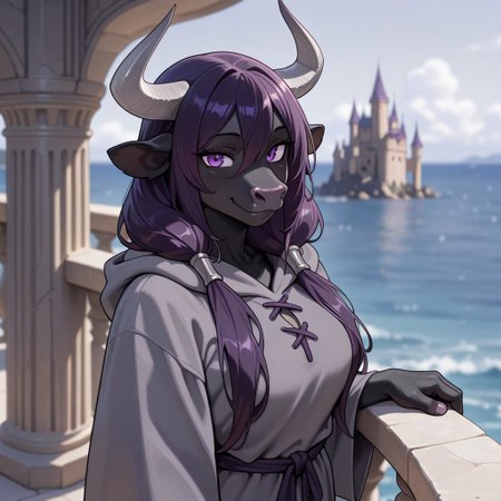masterpiece, best quality, amazing quality, very aesthetic, solo, 
minotaur, furry,
1 girl, female focus, purple eyes, black skin, dark purple hair, pigtails, long hair, gray horns, gray robe,
(looking at viewer:1.2), smiling,
castle balcony, sea, fantasy background, blurred background,
