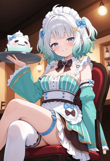 general, masterpiece, best quality, 1girl, solo, BREAK looking at viewer, blush,
indoors, sitting on ornate chair, crossed legs, holding tray, ghost on tray, looking sideways, slight smirk, dynamic lighting, soft glow, medium shot, slightly low angle
BREAK
 <lora:Mint Fantome:1> blue eyes, gradient hair, white hair, green hair, ahoge, hitaikakushi, x hair ornament, medium breasts,
mintmaid, frills, gold trim, aqua dress, vertical-striped dress, asymmetrical dress, puffy long sleeves, wide sleeves, detached sleeves, sleeves past wrists, waist apron, white apron, white sash, brown waistband, brown back bow, layered skirt, brown accents, white thighhighs, single thighhigh, patterned legwear, melting pattern, legwear garter, brown garter strap, (blue thigh belt:1.2), heart o-ring, maid headdress, detached collar, frilled collar, heart collar, ghost pin,
short hair, two side up, hair bow, blue bow,