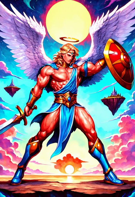 masterpiece, best quality, amazing quality, very aesthetic, absurdres, newest, FMIXF, vibrant details, gohheracilxl, 1boy, blonde hair, medium hair, mature male, muscular, bulging muscles, pectorals,  toned male, male focus, angel wings, winged circlet, blue armbands, (blue loincloth, gold accents:1.2), blue boots, (holding red circular shield, holding sword:1.1), standing pose, floating island, clouds, sun halo,