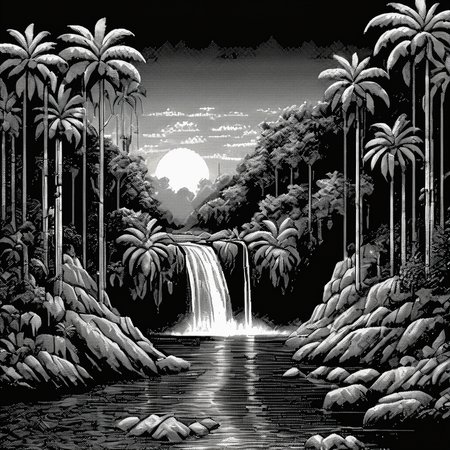 <lora:Macpaint-XL-000015:1>, Macpaint, a black and white pixel image of a highly detailed jungle landscape with rocks and a waterfall at night and a sunset, pixel art, best quality, 80s, masterpiece, dithering, intricately detailed, mist