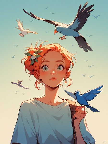 score_9, score_8_up, score_7_up, score_6_up,  <lora:p3tl0v3XLP:1> p3tl0v3, 1girl, bird, bird on shoulder