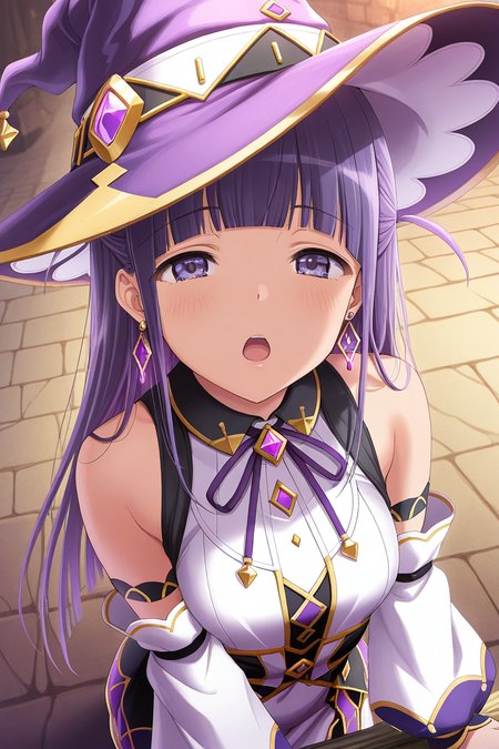 masterpiece, best quality, amazing quality,
 <lora:Mahiru_IL:1> mahiru, 1girl, solo, hat, witch hat, long hair, bangs, blunt bangs, purple hair, open mouth, earrings, detached sleeves, jewelry, purple eyes, looking at viewer