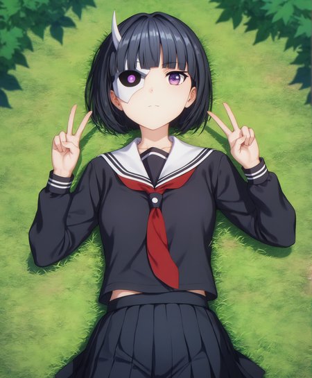 score_9, score_8_up, score_7_up, highres, hi res, best quality, masterpiece, 2d, intricate details, 4k, anime coloring, shadow, uncensored,
1girl, solo, female, short hair, black hair, purple eyes, blunt bangs, bob cut, single horn, mask, 
school uniform, black shirt, black skirt, sailor collar, sailor fuku, red necktie, white sailor collar, pleated skirt,
hands up, double v, v sign, lying, on back, 
portrait, upper body, looking at viewer, facing viewer, leaning back,
outdoors, forest, grass, on grass, depth of field, trees, foliage, bushes, <lora:Rin_Onigawara1024_Pony:1>, busou shoujo machiavellism,