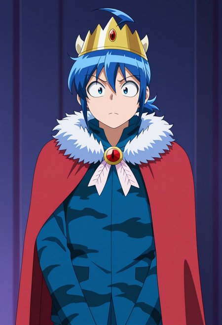 masterpiece,best quality,amazing quality, source_anime,
IrumaSuzuki, 1boy, male focus, solo, blue eyes, blue hair, ahoge, ponytail, crown, horns, jacket, camouflage jacket, blue jacket, brooch,  cape, red cape, fur trim,
indoor,