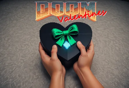 Workflow: 
Prompt: woman holding(heart shaped box:1.24) towards viewer, green bow, romantic decorations, glittering cut gems reflect the light, (Pixel art, 8-bit nostalgia, limited palette:1.25) <lora:sdxl\oldPhoto_v1.0.safetensors:0.86:0.18>  
<lora:sdxl\cfg_scale_boost.safetensors:0.45:0.10>
second step: With a pixel based graphic programm (PS, Krita, Fireworks, others...): adding the 1993 Doom Logo from Wikipedia and the 'Valentines' text.