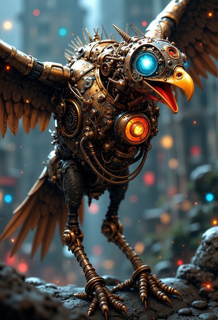 mythp0rt, BREAK, a steampunk mechanical bird, brass, springs, led lights, cables, taking flight, abstract background, great lighting