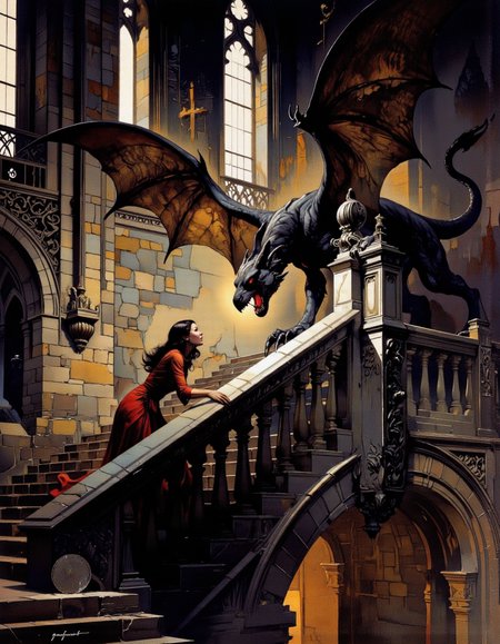 Art by Frank Frazetta. A dark fantasy illustration from a side camera angle, depicting a dramatic scene of a demon and a dragon in a gothic cathedral. the scene is set in a dimly lit, stone-walled cathedral with arched windows and intricate carvings. on the left side of the image, a woman with long black hair, wearing a red dress, appears to be in a state of distress, with her mouth open and eyes wide. she is kneeling on the stone stairs, facing the dragon with a menacing expression. the dragon, with its wings spread wide, has sharp claws and glowing red eyes, standing on the stairs with its tail raised. the background is filled with shadows and light from the windows, adding to the dramatic atmosphere of the scene. the woman's expression is one of fear, while the dragon's body language conveys a sense of aggression. the artwork is signed "gargoyle" in the bottom right corner, adding a personal touch to the image.