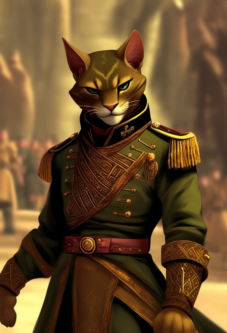 Tabaxi, thin, fit, elegant, army uniform, dancer, calm, leader, commanding, tan color, dark fur, fantasy, male, digital art, style-nebmagic