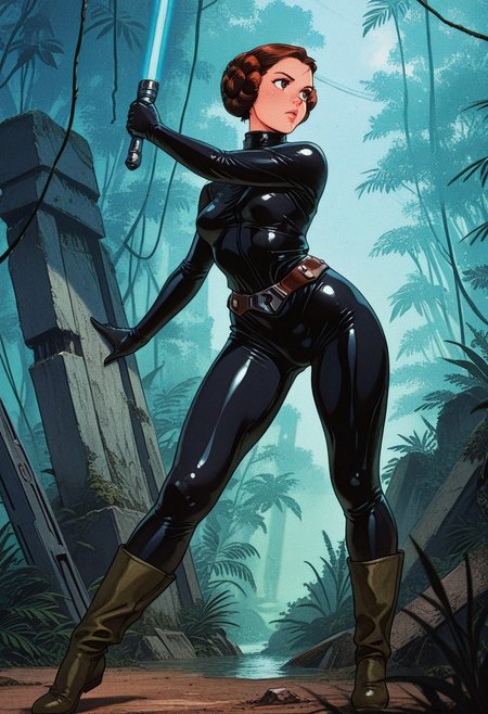 masterpiece, best quality, absurdres, amazing quality, high resolution, ,  princessleia, 1girl, solo, brown hair, hair buns, brown eyes, latex, catsuit, dark green boots, belt, holding blue lightsaber,outdoors, 80s style, retro_artstyle, retro, ancient ruins, jungle, cool pose, dynamic angle