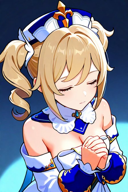 masterpiece, High quality, Ultra detailed, 2d, newest, absurdres, highres, BREAK
1girl, solo, <lora:barbara:0.8>, barbara_(genshin_impact), twintails, drills hair, blonde hair, white headwear, blue eyes, 
medium breasts, barbaradef, detached collar, bare shoulders, bow, frilled dress, strapless dress, white dress, strapless, long sleeves, detached sleeves, from above, closed mouth, closed eyes, praying, upper body,