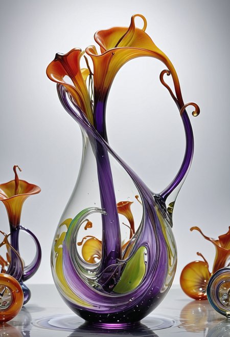  made out of,colorful,liquid,Murano Art glass,

A pitcher plant, its long, elegant form created from a single, continuous swirl of blown glass. The pitcher itself is a pool of deceptively inviting, purple-tinted glass, its depths swirling with captured raindrops and the ghostly forms of dissolved insects. Tiny air bubbles, trapped within the glass, add to the sense of morbid beauty.