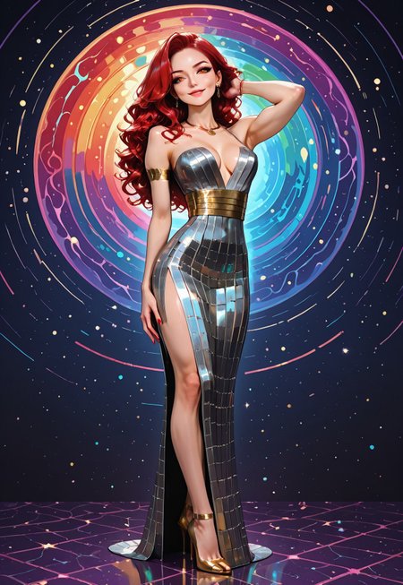 score_9, score_8_up, score_7_up, score_6_up, masterpiece, high details, eye catching, mature female, sharp, bright colors, abstract rainbow magical paint background,
lw88,
BREAK, 
Abby, AbbyRH, 
big hair, red hair, asymmetric hair style, long wavy hair,  
amber eyes, 
fit, perfect body, medium breasts, perky breasts, wide hips, narrow waist, deltoids, biceps, abs, cleavage, bare shoulders, collarbone, nails, red nails, gold necklace, ear piercings, earrings, armlet, gold jewelry, gold heels, 
BREAK, 
Jo-metgala2025, metal dress,
BREAK, 
full body, looking at viewer, from below, foreshortening, head tilt, contrapposto, plantar flexion, 
standing, legs apart, hands in own hair, arched back, 
cute, seductive smile, plump lips, 