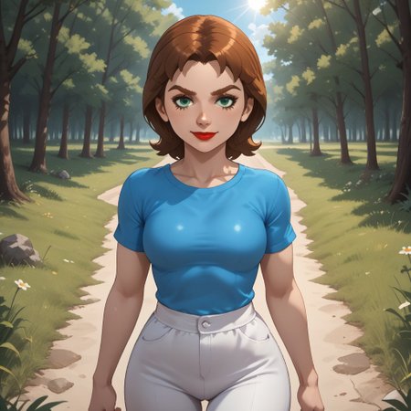 score_9, score_8, BREAK, solo, wii, mii, wii sports, 1girl, female mii, green eyes, auburn hair, brown eyebrows, red lips, lipstick, cyan clothing, white pants, shoes, nintendo mii, modern_mii, classic_mii, breasts, Anna_(Wii_Sports), sexy pose, self portrait, smile, outdoors, sunlight, shadows, evening lighting, natural lighting, forest, trees, grass, orange sky, sunset