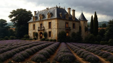 A French château surrounded by lavender fields, where the scent of the purple blooms fills the summer air,  <lora:SDXLFaeTastic2400:0.8>, Overcast Light,  <lora:EnvyFeverDreamXL01a:0.7>,   <lora:The_Classic:0.8>