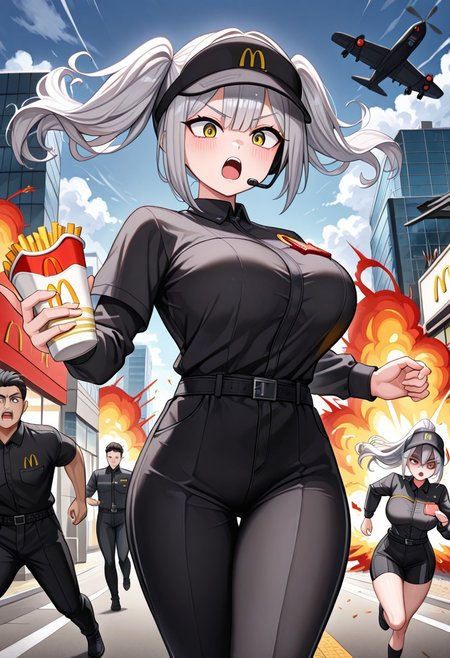 masterpiece, best quality,
belorta, twintails, short hair, gray hair, big breast, yellow eyes, shaded face, scared, 
mac, McDonald's uniform, black uniform, black hat, headset, holding hamburgers, angry mob, running, explosion in background, building on fire, fighter plane in background, cloudy skies, motion blur, dynamic pose, running pose, holding french fries, black pants, looking behind, speed lines,