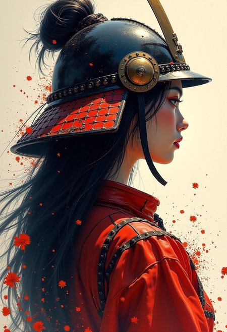splash art, ink on rice paper, breathtaking detailed, masterpiece, awe-inspiring, radiant, magnificent, stunning oriental woman, long hair, samurai helmet, red leather samurai armour, silhouetted, light hitting face