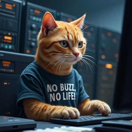 The image shows a ginger cat, wearing a t-shirt, inside a server room, typing keyboard, computer on the desk, text"NO BUZZ, NO LIFE!" on t-shirt, cute vibe, photo realistic, high quality