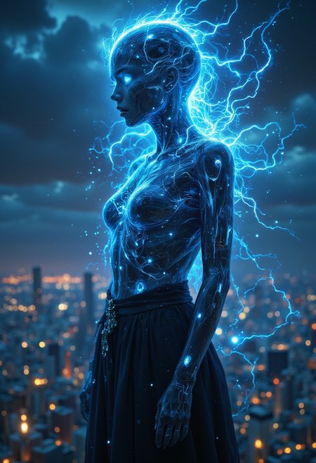 A futuristic metropolis sprawls across the darkened canvas, with sleek skyscrapers and neon-lit billboards casting an otherworldly glow. Amidst this urban landscape, a figure emerges, shrouded in mystery. Her eyes, two piercing orbs of unnatural light, radiate an ethereal blue that seems to defy the laws of nature. The air is charged with an electric energy as she stands before a backdrop of swirling clouds and starry skies, her gaze fixed on some distant horizon.
<lora:aidmaGLOWV4wc:0.55> aidmaglow <lora:Aura_Flux:0.55> auralora  <lora:FluxMythP0rtr4itStyle:0.4> mythp0rt .