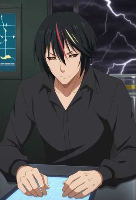 masterpiece, best quality, , anime screencap, anime coloring, official style,, 1boy, solo, male focus, <lora:diablo_tensura_ilxl:0.96>, diablo_tensura, black hair, yellow eyes, multicolored hair, streaked hair, red hair, hair between eyes, colored sclera, black sclera, , storm observatory, lightning telescopes, weather maps, research chambers, studying pose, focused expression, stormy,