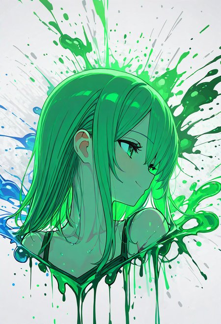 (masterpiece, best quality, good quality, very aesthetic, absurdres, newest:1.2),    1girl, solo,   1girl, solo, long hair, smile, bangs, white background, bare shoulders, closed mouth, green eyes, collarbone, green hair, profile, looking away, portrait, green theme, paint splatter ,  <lora:ClrSplsh_NAI:1.0>,