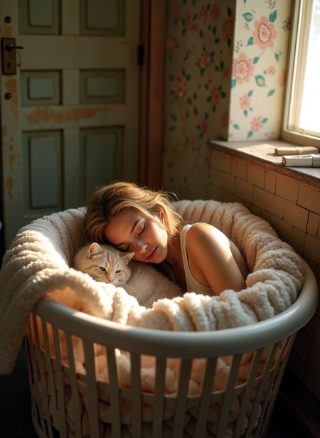 This photograph captures a young woman lying in a white laundry basket with a fluffy white blanket. She is wearing a white tank top and has blonde hair. The woman is resting her head on the basket and is looking down at a white cat that is lying next to her. The cat is orange and white and is snuggled up against the woman's chest. The background shows a window with pink and green floral wallpaper and a door. The overall mood of the image is peaceful and serene. The overall mood of the image is peaceful and serene. <lora:add-detail-xl:.5>  <lora:Flux-style-xl-lora:.5>