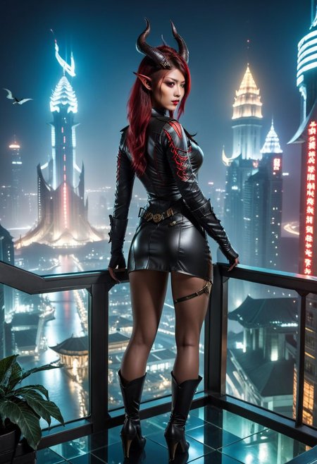 , Lupka, Petite, asian, red skin, dragon winged succubus, ,<lora:MS_Lukpa_V1_SDXL:0.8>,  18 year old Chinese woman,  ((demon female)), small horns on head, medium sized perky breast,  eye liner, long hair, 4k, very detailed,  eyeliner, perky breast,  BREAK,  1girl, standing on a balcony facing the viewer, behind them a cyberpunk Atlantis at night, BREAK, she is wearing a detail military jacket showing cleavage and a tight leather mini skirt,Indian Model, Instagram Model,  long eyelashes, false eyelashes, eyeliner, atlantis, otherworldly metropolis, advanced civilization, building, buildings, center city tower, Atlantean architecture, geometric patterns, utopian society, devil_girl_XL, red skin, tail, black horns, , AtlantisWorld,winged succubus