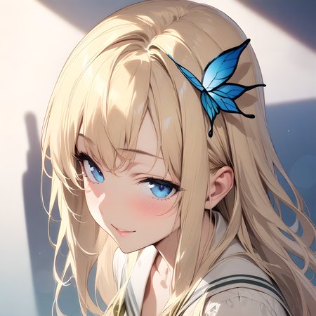 (masterpiece),(best quality),(ultra-detailed),(best illustration),(best shadow),(absurdres),(detailed background),(very aesthetic), sena kashiwazaki, blonde hair, blue eyes, long hair, butterfly ornament, hair ornament, large breasts, school uniform, pleated skirt, upper body, portrait, seductive smile,  <lora:XL-SenaKashiwazaki:1>