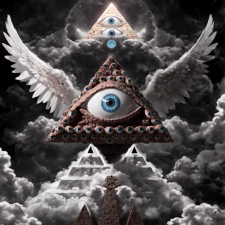 seraphins, a mystical creature with hundreds of eyes and wings with the shape of a pyramid, surrounded by 2 layers of rings full of eyes, eerie, horror, background angelic clouds, sunlight <lora:Seraphins1.0-000038:0.8>