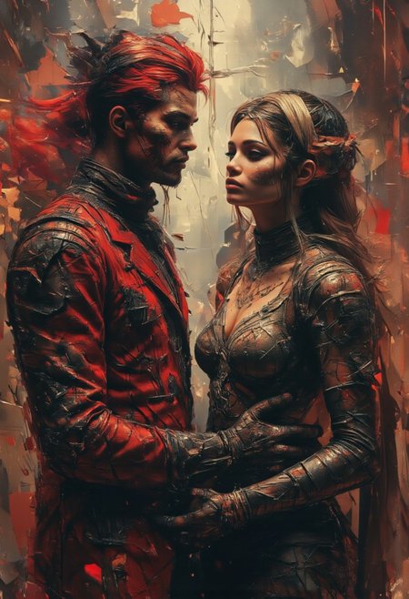 Armoured knights, anachronistic, power armour, novuschroma style, two Lovers, curly red hair, long wavy brown hair, wide hips, thick thighs, a man and woman gaxing in to each others eyes. passionate looks, in a in a dystopic cyberpunk city, profile, close up, face focus, man with (flamboyant suit, sharp cheekbones, tall, dashing), woman with (hair band, long dress, corseted dress, wide hips, blushing, detailed eyes,), (((warm colors))),