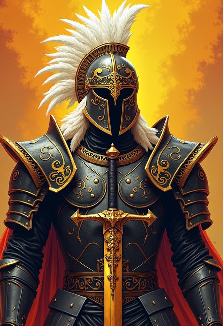 high quality, highly detailed, colorful, abstract, fantasy, fantasy background, The image is a realistic photo of a warrior's armor. The armor is black and gold in color, with intricate patterns and designs. The background is a gradient of orange and yellow, creating a striking contrast with the dark armor.  In the center of the image, there is a large helmet with a pointed nose and a visor. The helmet is covered in white feathers, giving it a regal and majestic appearance. The feathers are arranged in a way that creates a sense of power and strength. The sword in the foreground is also covered in gold, adding a touch of elegance to the image. The overall mood of the illustration is intense and powerful., bailing_lightning<lora:FLUX\Enhancer\flux_vividizer.safetensors:0.8:0.8> <lora:FLUX\Style\FL-bailing-24-0824lightning-000003.safetensors:0.6:0.6>