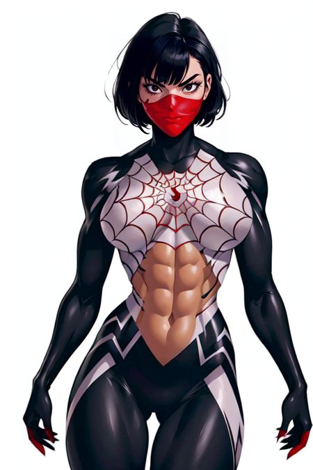 masterpiece,best quality,extreme detail,8k,white background,<lora:silk:0.8>,CindyMoon,1girl,solo,breasts,looking at viewer,short hair,bangs,large breasts,black hair,navel,black eyes,cowboy shot,torn clothes,bodysuit,mask,abs,skin tight,toned,mouth mask,superhero,silk,spider web,