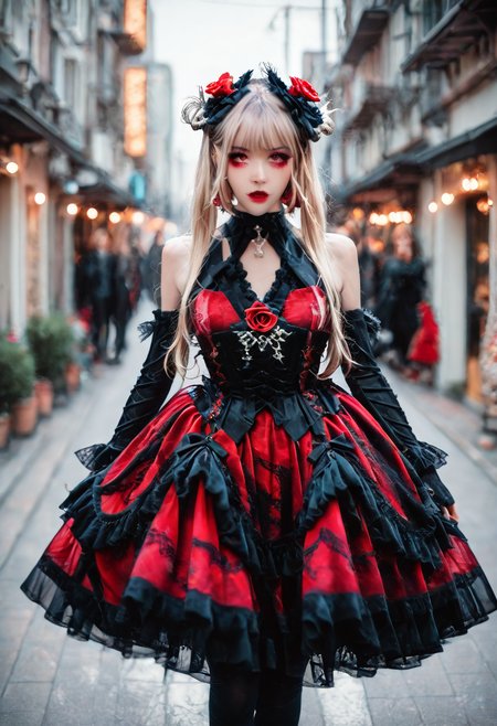 <lora:Illustrious_Realistic_Fashion_Collection_-_Gothic_Lita:1> girl wearing a gothic fashion dress, on the street, black and red dress with roses, subsurface scathering, depth of field, skin pores, detailed skin, masterpiece, best quality, newest, absurdres, highres, feeling, impact, very awa, dim lighting, sidelighting, skindentation, amazing quality, scenery, very aesthetic, newest, volumetric lighting, blending, <lora:add-detail-xl:1> <lora:cfg_scale_boost:1> <lora:sdxl_enhance:1> <lora:spo_sdxl_10ep_4k-data_lora_webui:1>