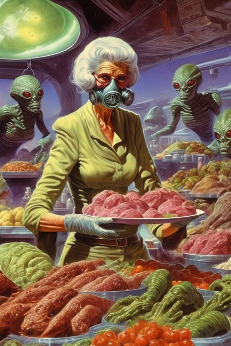 <lora:Richard Hescox Style:1>Richard Hescox Style - science fiction beautiful illustration, elder woman wearing gas mask selling fresh alien meat on food market