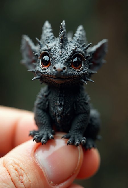 The tiniest and cutest fluffy creature The dragon sits on the tip of a finger, huge black ð, photorealism, beautiful, aesthetic, professional photo, realistic, high resolution, close-up, high detail