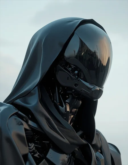 long shot scenic professional photograph of UNI_SCI_FI_CORE The image presents a sleek, mysterious robotic figure, draped in a flowing black hood. With an exquisite glossy finish, the head reflects light delicately, creating an entrancing effect. The soft, minimalistic background enhances the subject\u2019s futuristic charm, inviting viewers to ponder the blend of technology and artistry. The atmosphere is both serene and thought-provoking, embodying an innovative Midjourney style that evokes feelings of curiosity and awe. The interplay of shadows and highlights adds depth, emphasizing the unique design. This artwork is a beautiful depiction of modern aesthetics and futuristic themes
 <lora:UNI_FI_NoCAP (1):1>, perfect viewpoint, highly detailed, wide-angle lens, hyper realistic, with dramatic sky, polarizing filter, natural lighting, vivid colors, everything in sharp focus, HDR, UHD, 64K