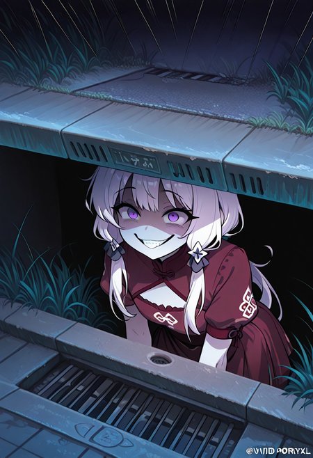 masterpiece, best quality, amazing quality,, <lora:CivChan_Illustrious:0.9> quality: masterpiece, extremely aesthetic, highly detailed, vibrant colors, vivid colors, saturated, crazy smile, <lora:pennywise-in-the-sewer-ponyxl-lora-nochekaiser:1>, pennywise in the sewer, pennywise in the sewer (meme), storm drain, sewer grate, grate, sewer, meme, concrete, grass, sidewalk,, <lora:evil-grin-ponyxl-lora-nochekaiser:1>, evil grin, evil smile, grin, evil eyes, crazy eyes, teeth, shaded face,,, , cowboy shot, solo