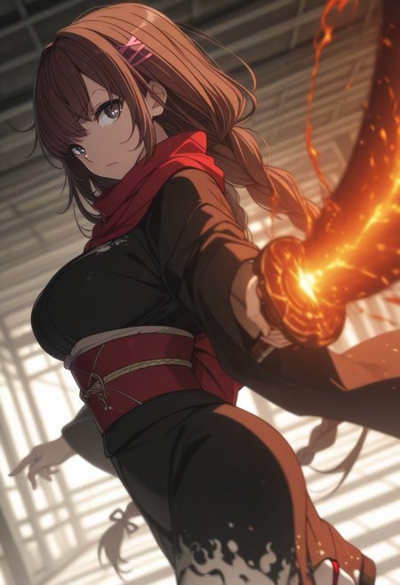 incredibly absurdres, highres, masterpiece, newest, best quality, high quality, 8K, HDR, 4ur4_illu, shiny, eye_focus, OregairuStyle
(Girl:0.0), 1girl, solo, cute, attractive, brown hair, long hair, worn in two braids, bangs, pink hairclips, grey eyes, ultra-detailed anime eyes, swirling flames inside irises, celestial reflections, galaxy-like pupils, round eyes, breasts, Meguri Shiromeguri
 \(Oregairu\), kimono, large breasts, black kimono, long sleeves, wide sleeves, obi, sash, long white leggings, sandals, red scarf, 
(Pose:0.0), ((looking at viewer)), aiming sword at viewer,
(Emotion:0.0) serious, closed mouth,
(Scene:0.0), from side, cowboy shot, limited palette, dynamic action, blurry, depth of field, dynamic pose, dynamic composition, dutch angle, depth of field, white_theme, detailed backgroud, foreshortening, blurry edges,