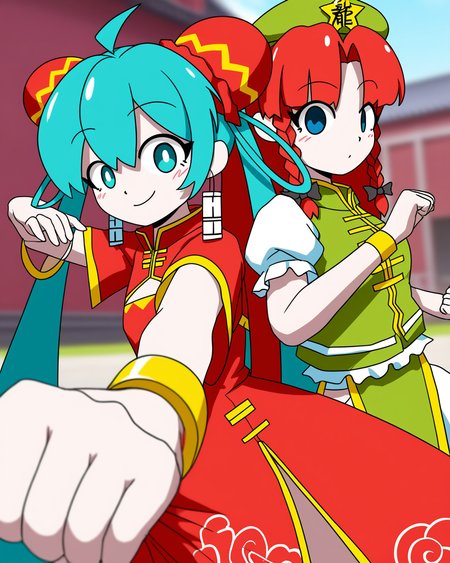 best quality, highres, masterpiece, very awa, newest, 2024,outdoors, touhou, scarlet devil mansion,  artist:zun, zun \(style\), blurry background, 
2girls, chinamiku,hong meiling,  chinese clothes,  blush, clothes tug,  red dress, cleavage cutout, hatsune miku, back-to-back, fighting stance, green dress, hat, hip vent, foreshortening, looking at viewer, hand up,
<lora:odochina:.8>
