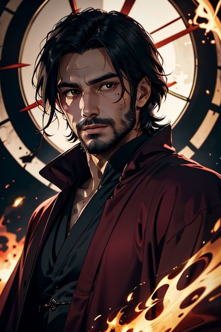 Master piece, highest quality, highest possible OverallDetail ,
Create an elder of a demonic sect.
The character looks like he is in his late twenties or early thirties. He is handsome.
He has black shoulder-length shaggy hair. 
His outer robe is black and the inner robe is dark red. 
no beard 
His eyes are dark red. Detailed face. Red robe.