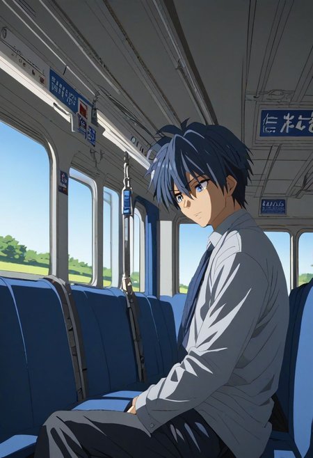 high resolution, solo, best quality, 1Boy, Tomoya Okazaki, Grey Blue Hair, train, inside train, OverallDetail