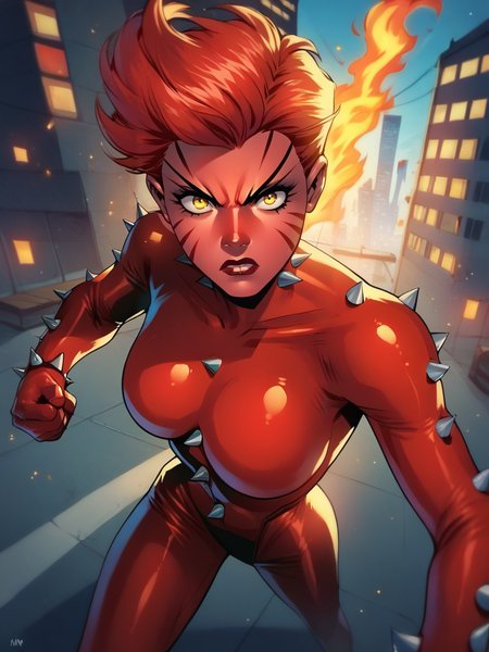 score_9, score_8_up, score_7_up, 1girl, fighting stance, from above, fire around, city, looking at viewer, cowboy shot, (dynamic pose:1.1), dynamic angle, 
 <lora:RachelSummer_character:1> RachelSummer, very short hair, yellow eyes, red hair, latex bodysuit, spikes, (facial mark:1.4), makeup, colored skin, red skin, angry, glowing, western comics \(style\), retro artstyle,