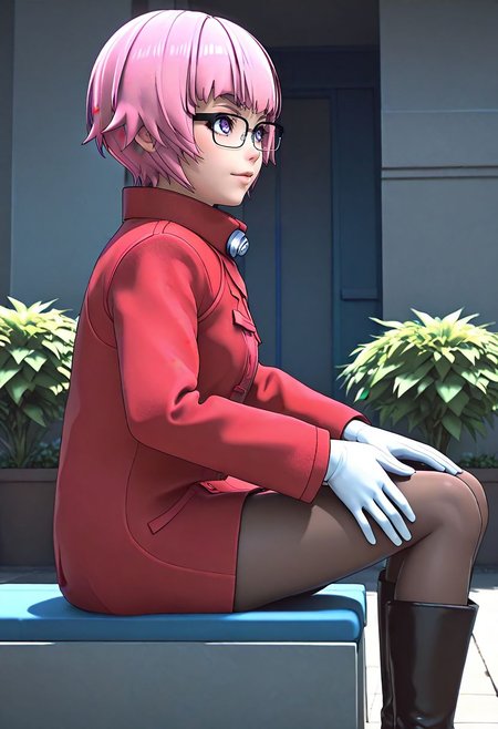<lora:sdxl_lightning_8step_lora:1> <lora:Fixhands_anime_bdsqlsz_V1:1>score_9, score_8_up, score_7_up, source_anime, intricate details, perfect anatomy BREAK
1girl, solo, gis-esakipurin, pink hair, short hair, purple eyes, black-framed eyewear, red coat, white gloves, gis-esakipurin outfit, brown pantyhose, black boots,
from side, sitting, Curious, Chin tilted up slightly, eyes wide open, and a slight smile., outdoors,
<lora:gis-esakipurin_XL(pony)fix:0.9>