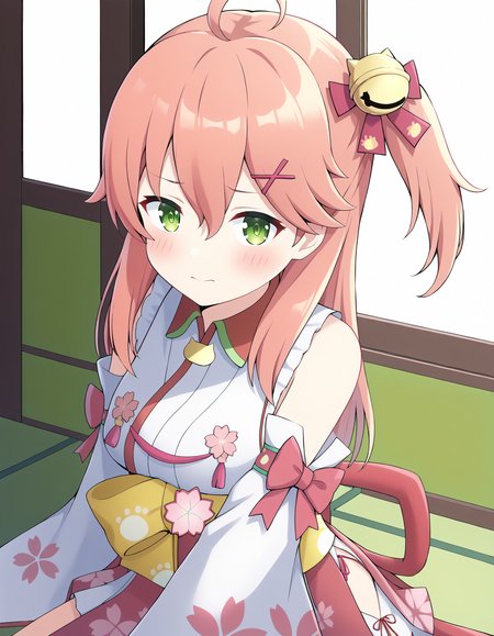 sakura miko,sakura miko \(1st costume\),hololive,1girl ,ahoge ,bare shoulders ,bell ,blush ,bow ,breasts ,cherry blossom print ,closed mouth ,detached sleeves ,floral print ,green eyes ,hair bell ,hair between eyes,  indoors,<lora:miko:1>