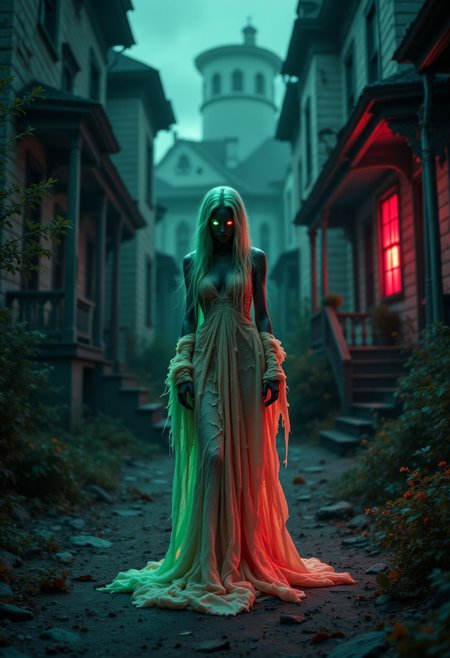 A spectral figure, its skin pale and translucent, stands amidst a decaying Victorian mansion. It wears a tattered gown that drips with an unnatural, phosphorescent ooze, and its eyes burn with an eerie, emerald green light. Its presence seems to chill the very air, making the shadows writhe and contort like liquid nightmare . Itas adorned with holographic symbols that shift in and out of focus, displayed with sparks of neon Peach and Dark, as if itas about to detonate in a flash of color.    , aidmafluxpro1.1